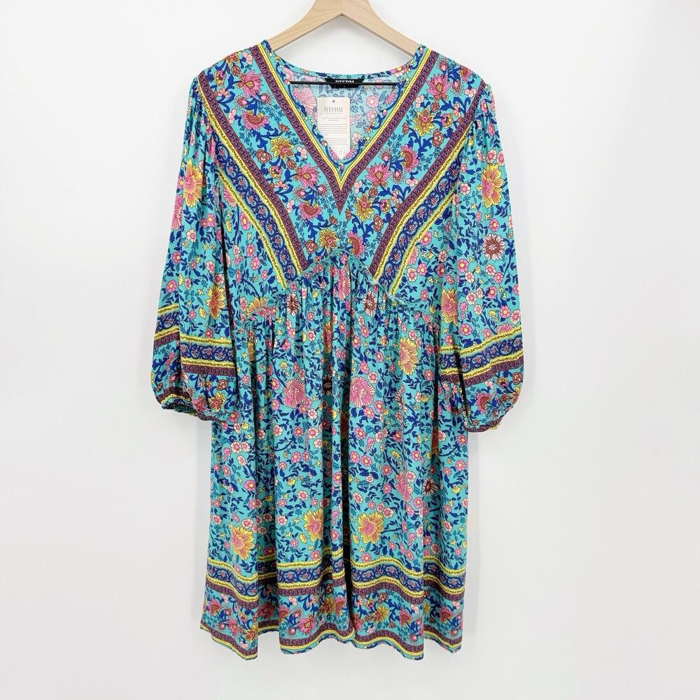 Floral Boho Babydoll Dress Blue V Neck 3/4 Sleeve Viscose L Cottagecore Prairie